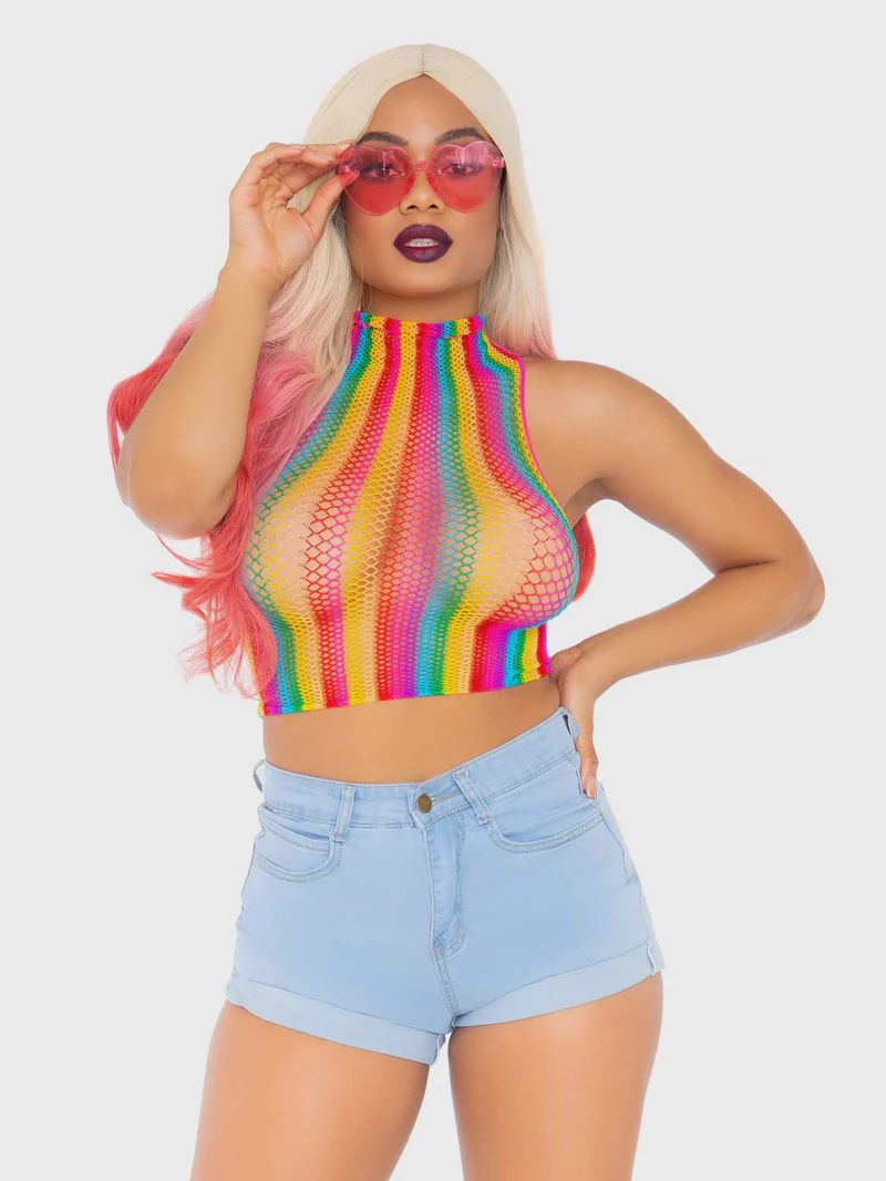 Net High Neck Crop Top, COLOR: Rainbow, Size: Standard