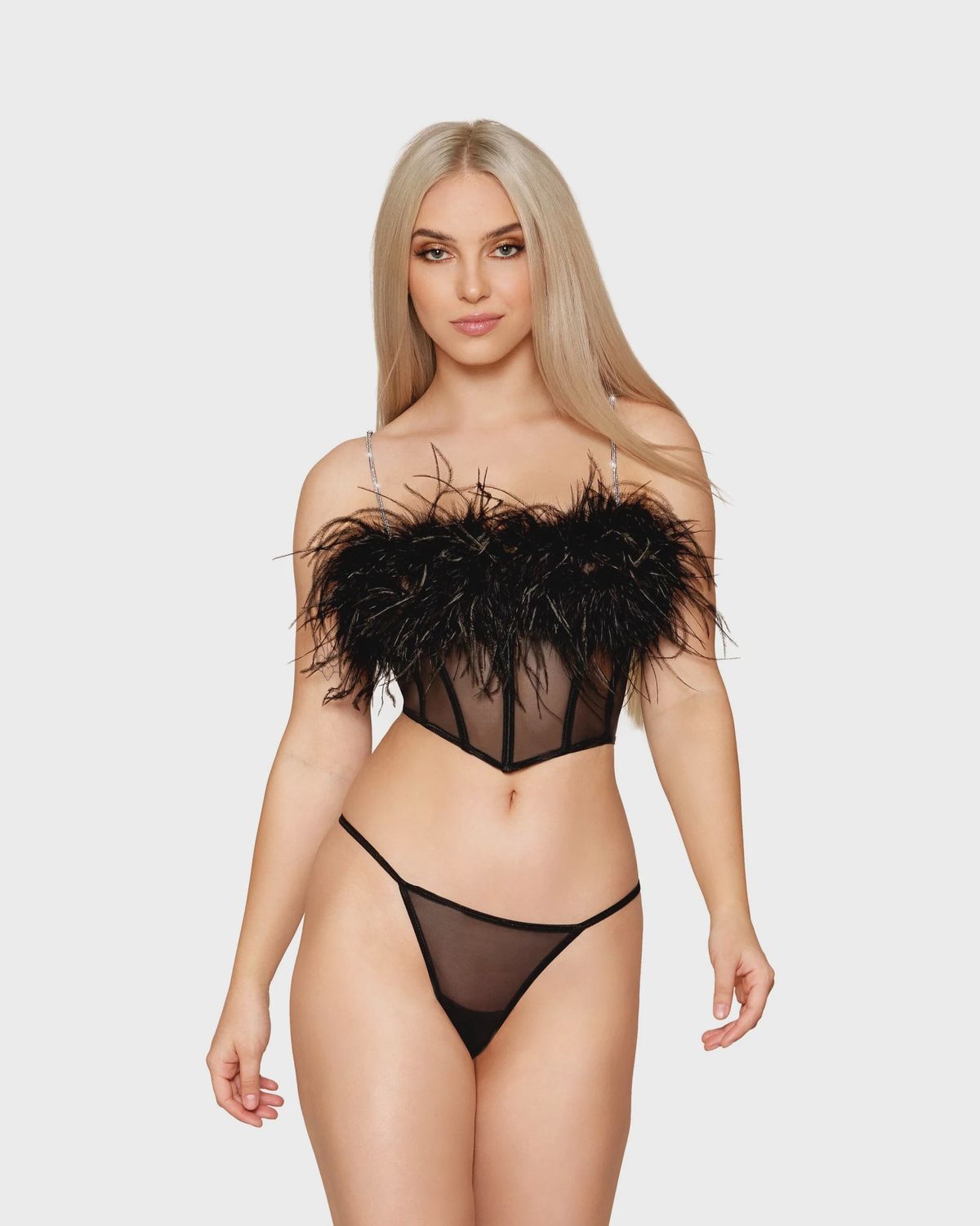 Feather Bustier &amp; Gstring, COLOR: Black, Size: Large