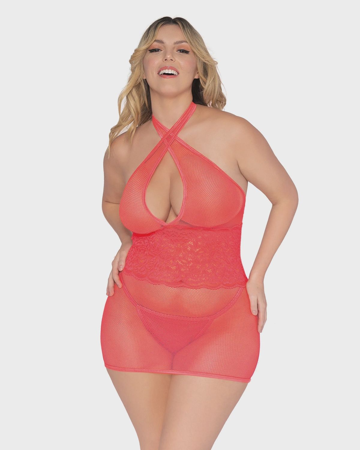 Fishnet &amp; Scalloped Lace Chemise with Back Neck Tie, COLOR: Coral, Size: Plus