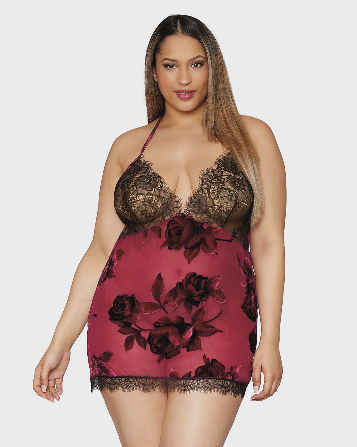 Velvet Burnout and Eyelash Lace Chemise, COLOR: Red Floral, Size: Small