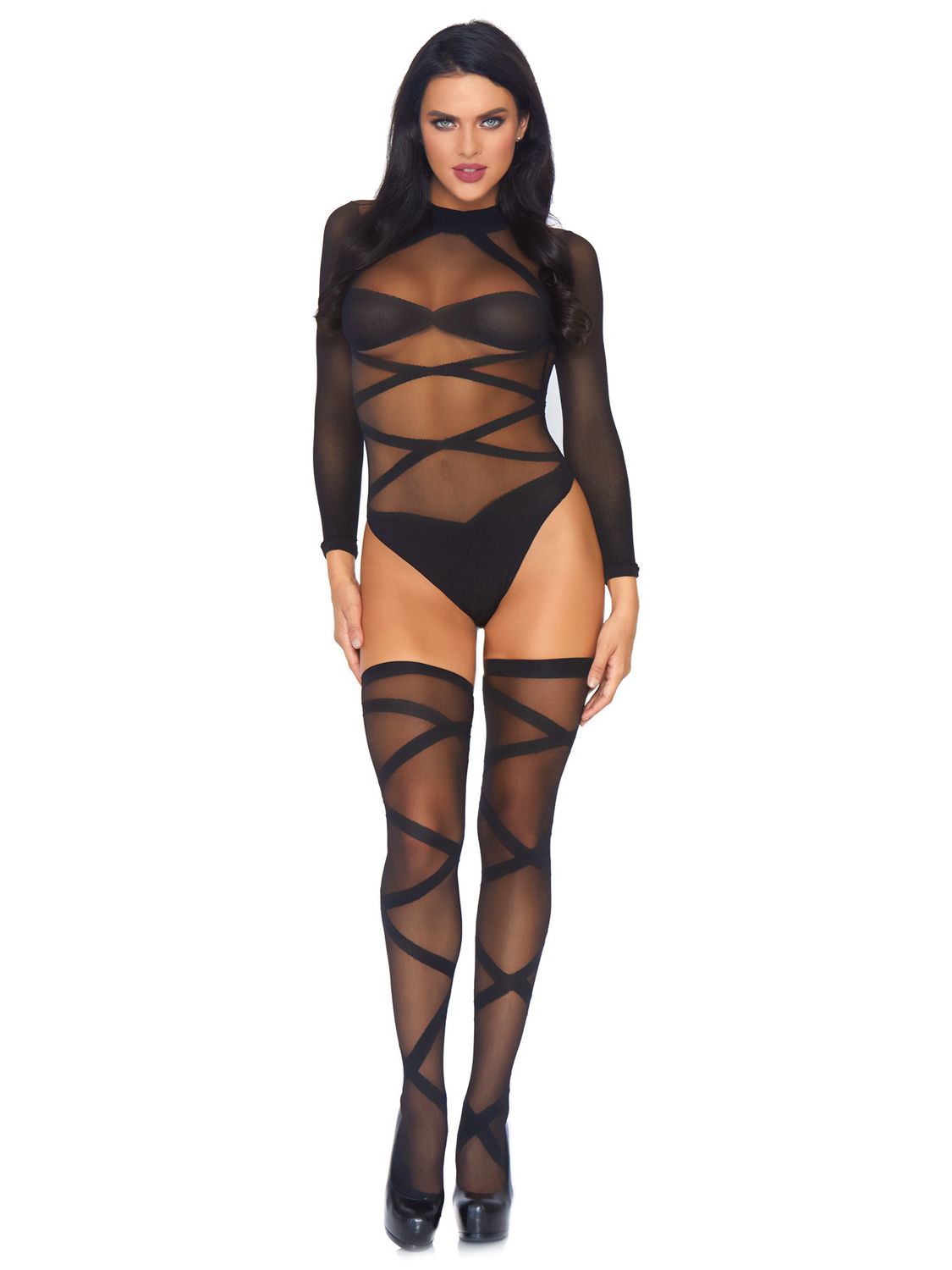 Opaque Sheer Criss Cross Teddy, COLOR: Black, Size: One Size