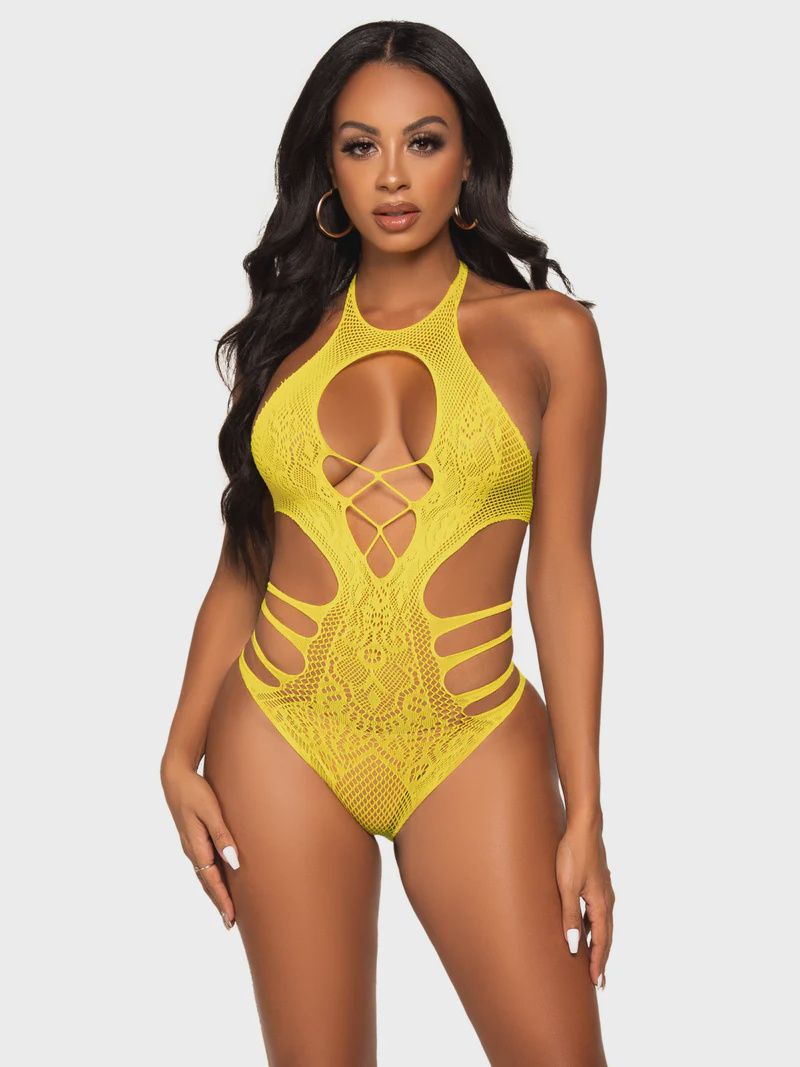 Lace Cut Out Strappy Bodysuit., COLOR: Yellow, Size: Standard