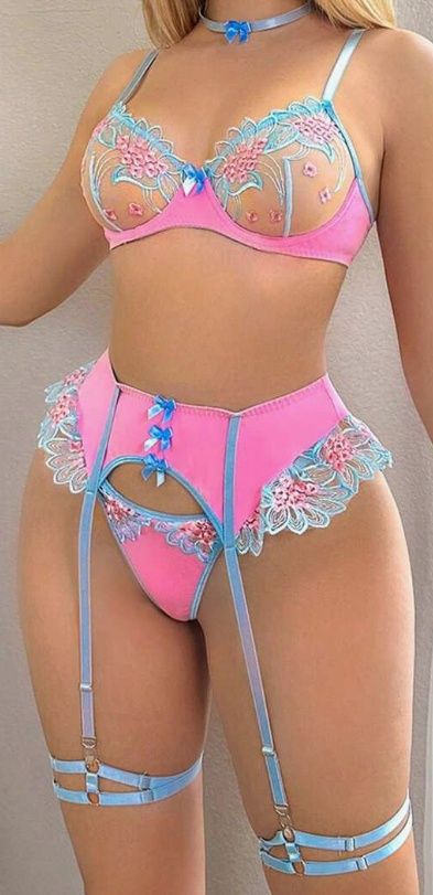Mesh Embroidery 6pc Garter Set, COLOR: Pink - Blue, Size: Small