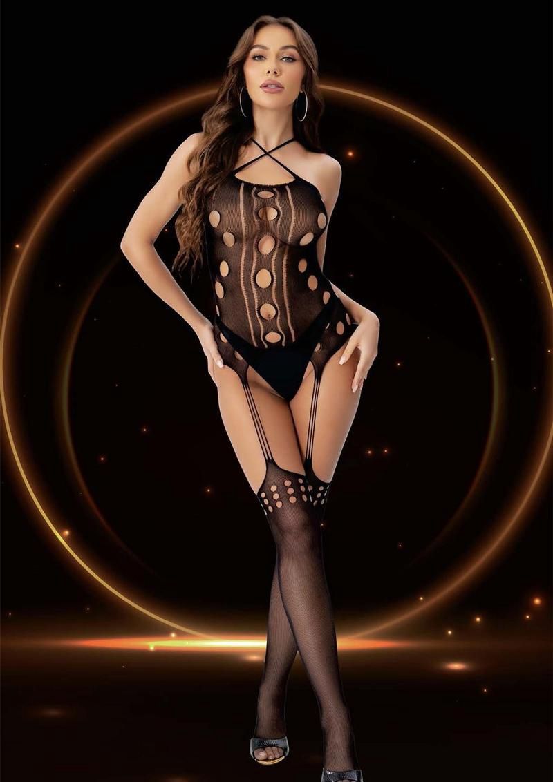 Hole Suspender Hose Bodystocking, COLOR: Black, Size: Standard
