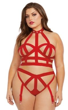 Cage Bralette &amp; Garter Panty Set, COLOR: Red, Size: Plus
