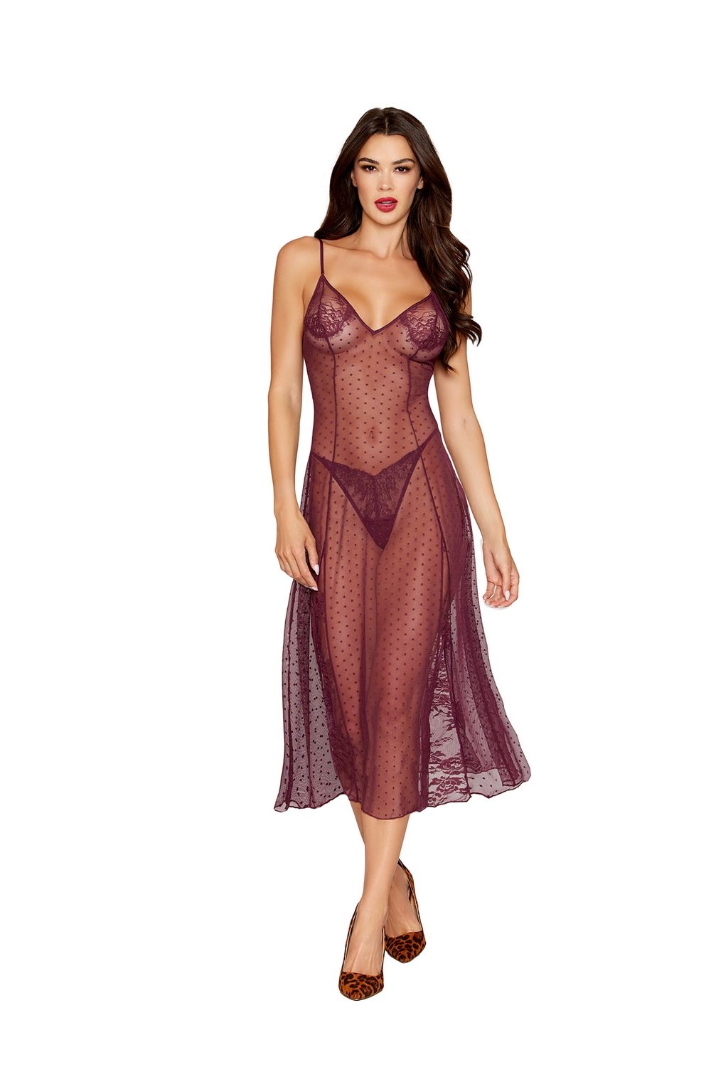 Sheer Dot &amp; Lace Gown, COLOR: Burgundy, Size: Small