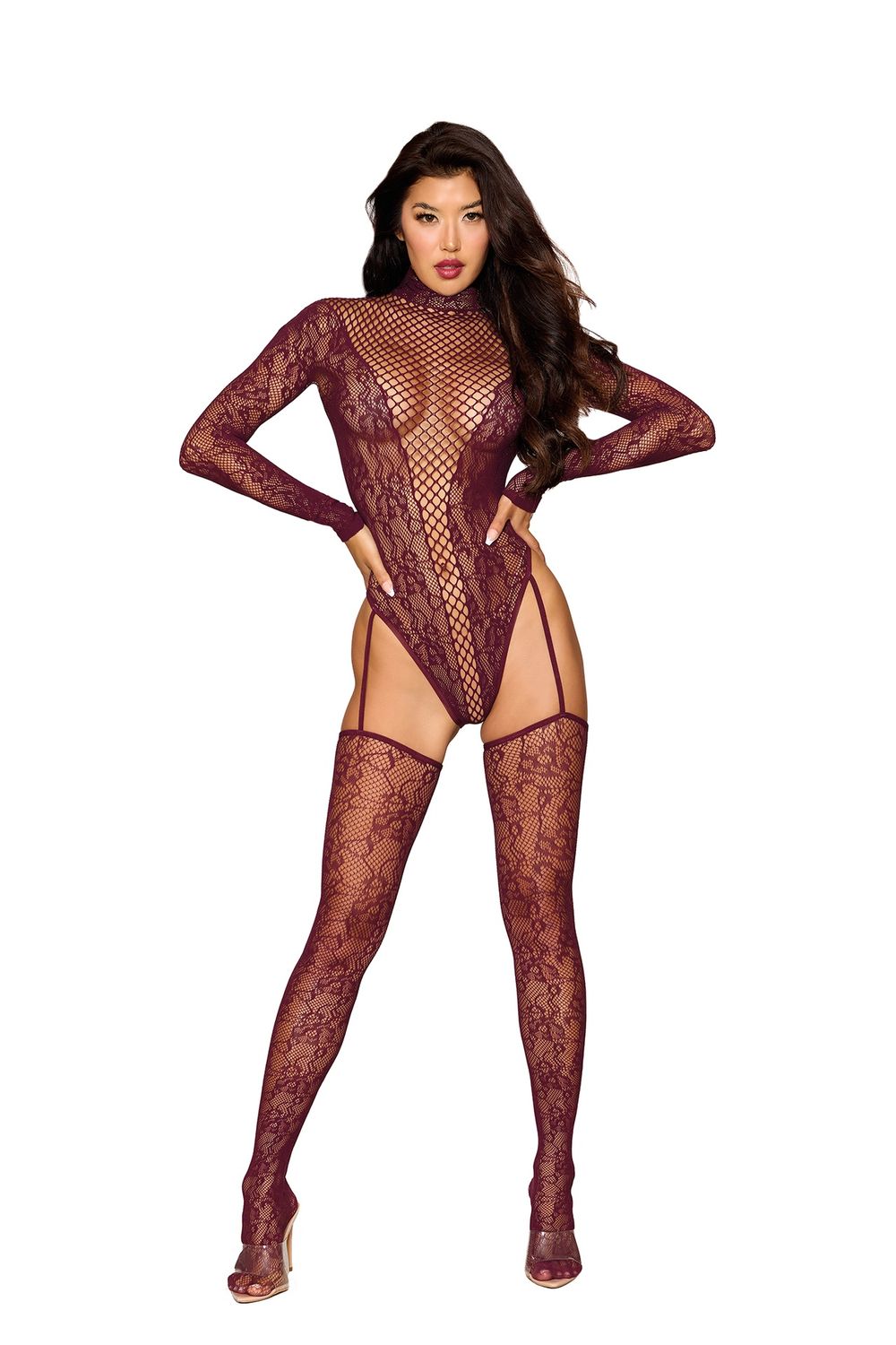 Garter Teddy Bodystocking, COLOR: Burgundy, Size: Standard