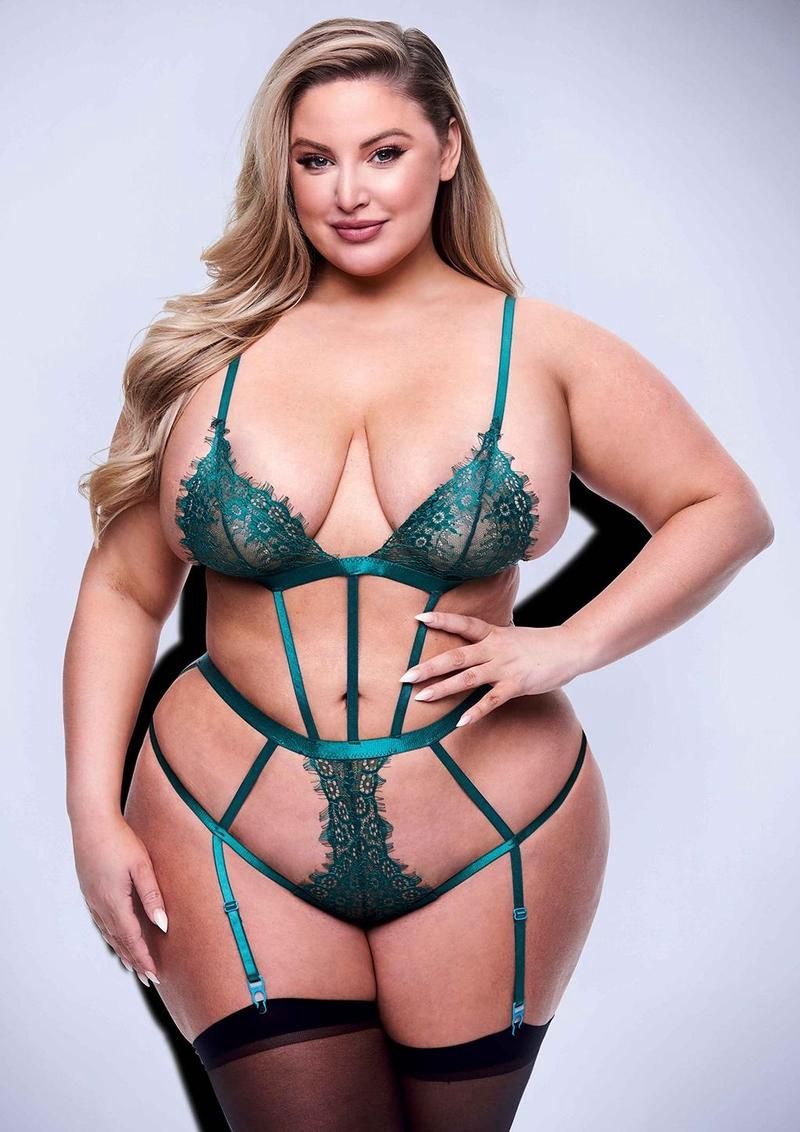 Strappy Lace Teddy with Garters, COLOR: Green, Size: Plus