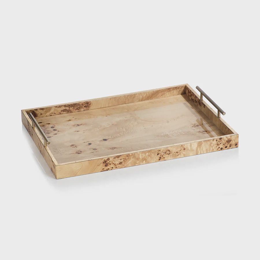 Leiden Burl Wood Design Rectangular Tray with Gold Handles