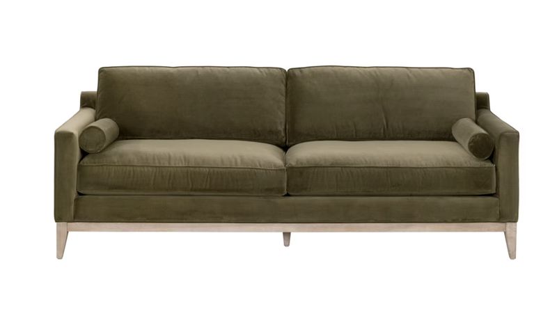 PARKER 86" POST MODERN SOFA-OLIVE VELVET/NAT GRAY OAK