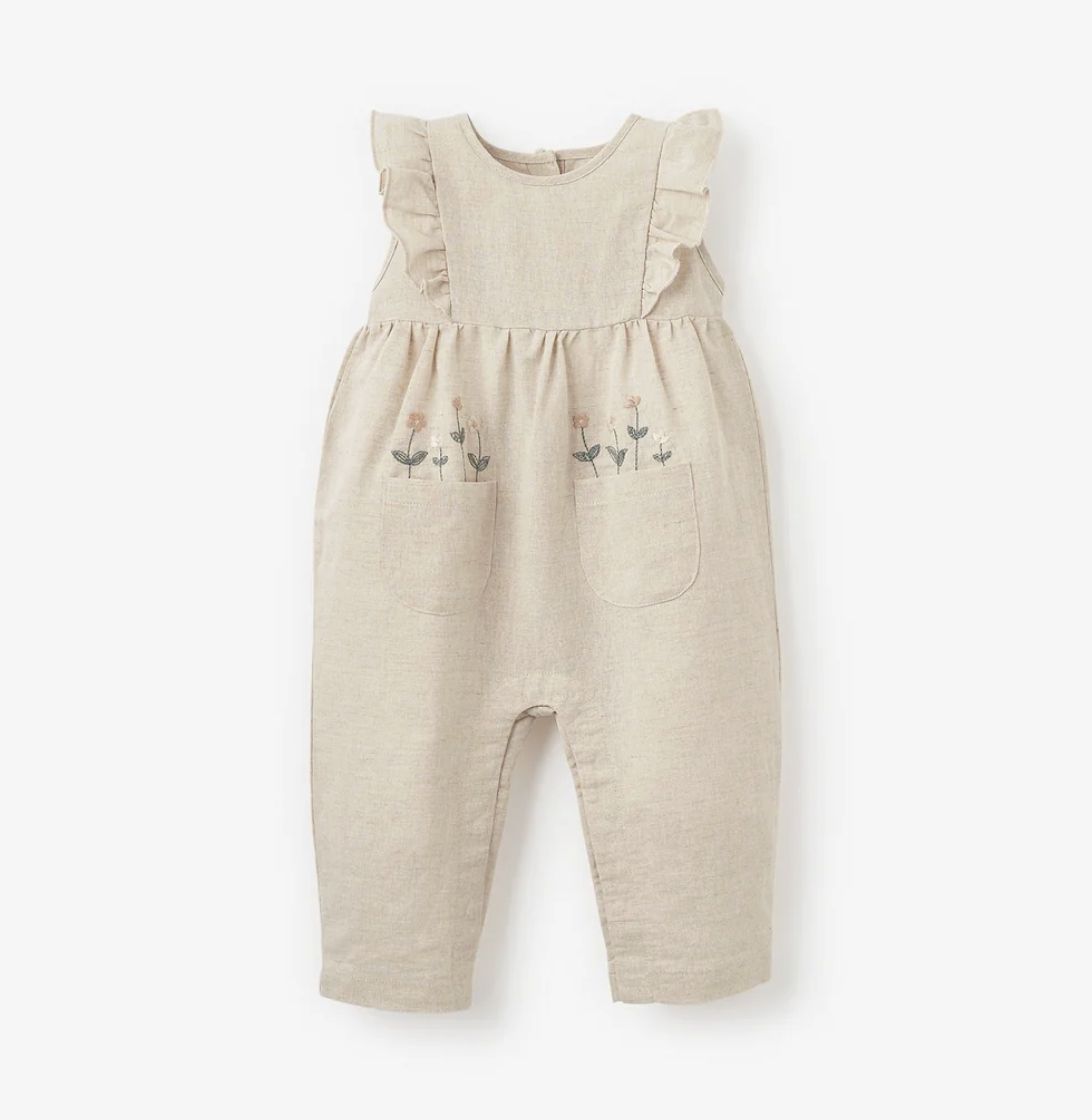 NATURAL LINEN JUMPSUIT W FLORAL EMBROIDERED EDGE