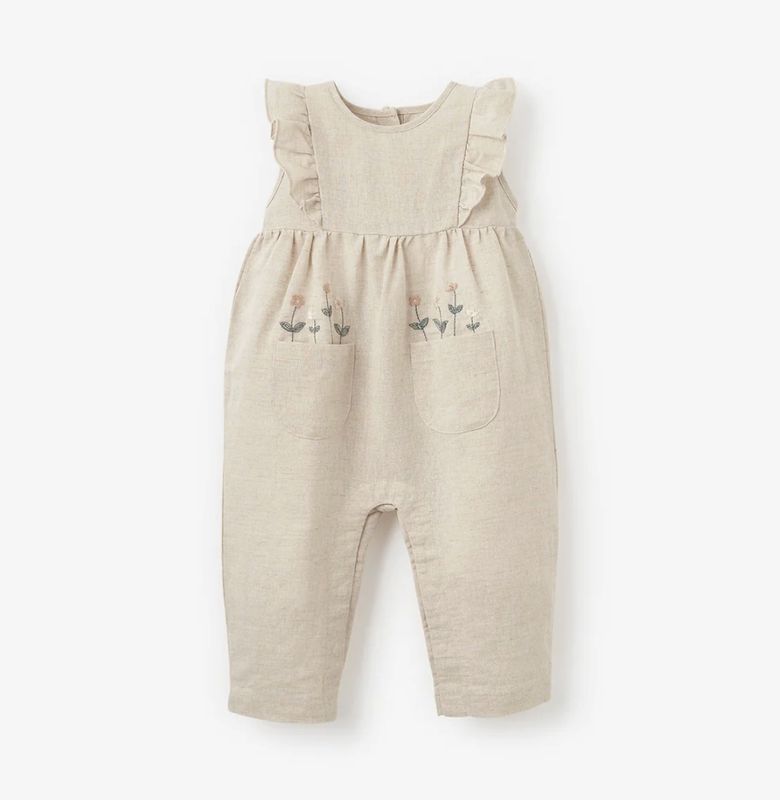 NATURAL LINEN JUMPSUIT W FLORAL EMBROIDERED EDGE