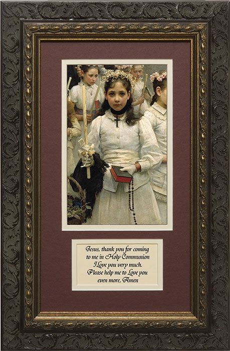 After the First Holy Communion (Detail 1 Girl) Framed Image with Prayer in Ornate Dark Frame 8x 14&quot;