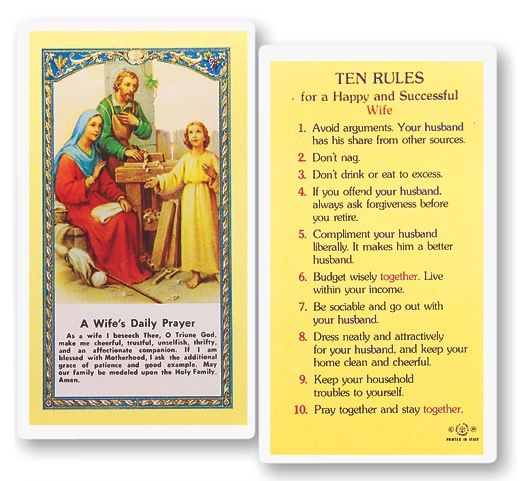 Wife&#39;s Daily Prayer - Ten Rules for a Happy and Successful Wife Holy Cards