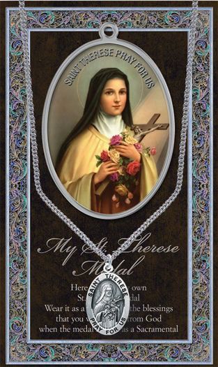 St. Therese Medal Necklace w/ Prayer Card (20&quot; Stainless Steel Chain Included)