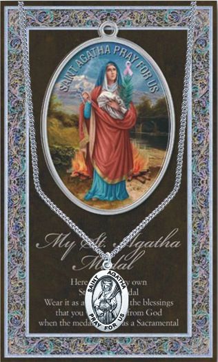 St. Agatha Medal Necklace w/ Prayer Card (20&quot; Stainless Steel Chain Included)