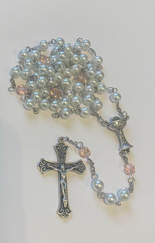 Credo Catholic First Communion Rosary pearl with pink czech glass