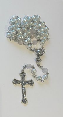 Credo Catholic First Communion Pearl Rosary with Rose Quartz