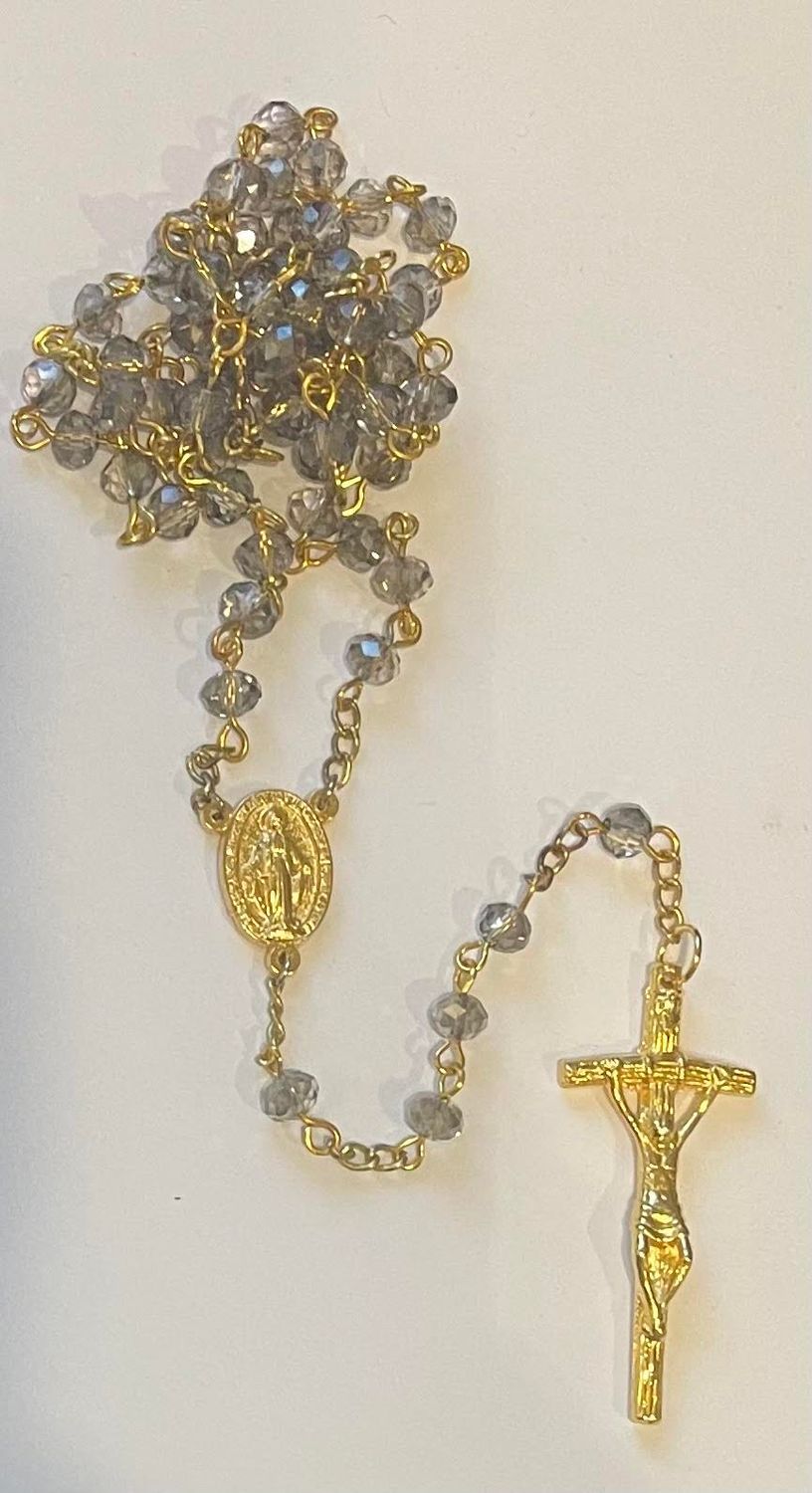 Credo Catholic Smokey Grey Rosary with gold tone Bent Crucifix and Miraculous Medal Centerpiece