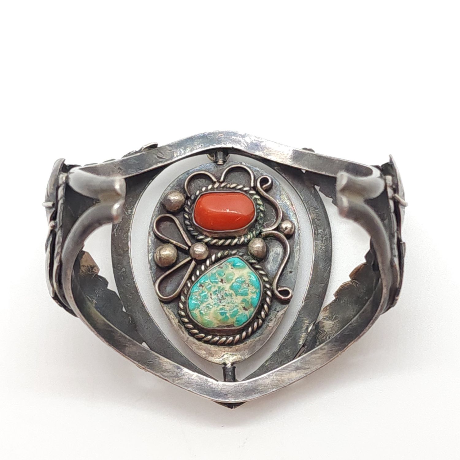 Vintage Sterling Silver Turquoise &amp; Coral Spinner Cuff Bracelet #C488