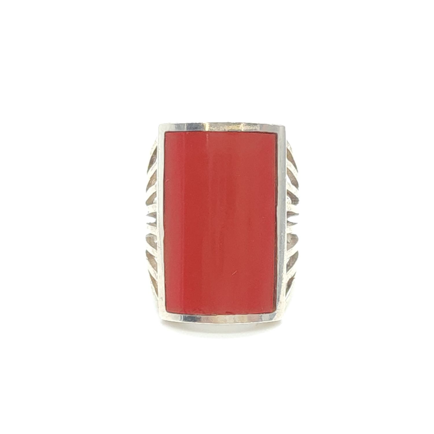 Sterling Silver Native American Coral Rectangle Ring Size: 6.5