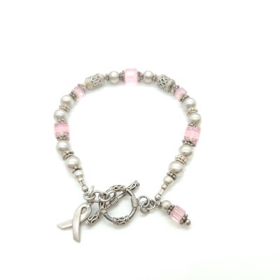 Sterling Silver Beaded Breast Cancer Bracelet Size: 7.5"