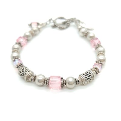 Sterling Silver Beaded Breast Cancer Bracelet Size: 7.5"