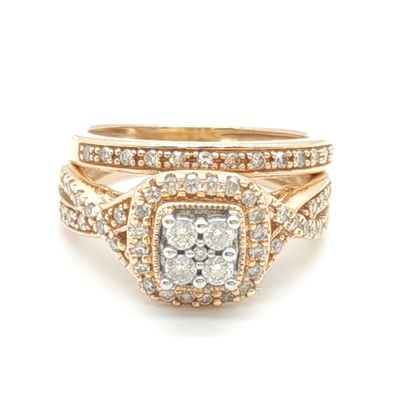 14k  Rose Gold Round Cut Cluster Halo Ring Set Size: 6.5