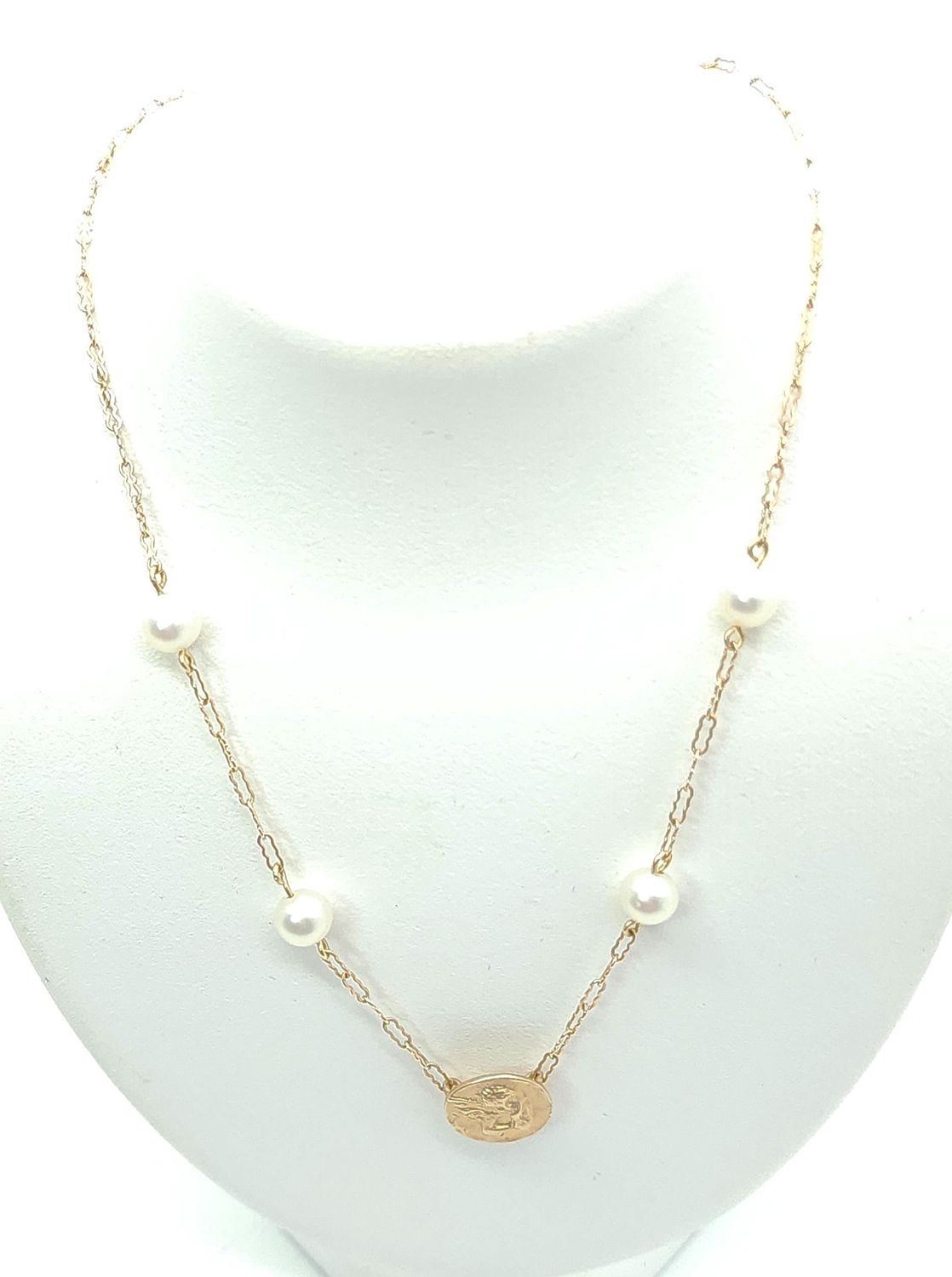 14k Paperclip Chain with Pearls &amp; Cherub Size: 17&quot;