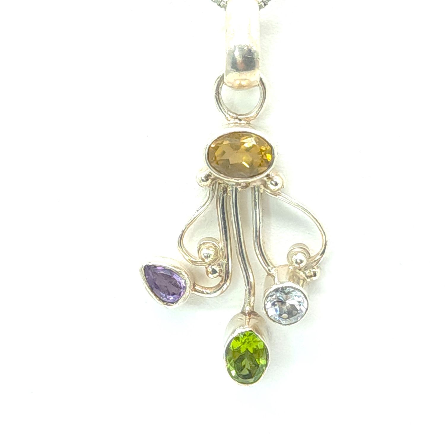Sterling Silver Multi-Color Stone Pendant &amp; Box Chain Size: 18&quot;