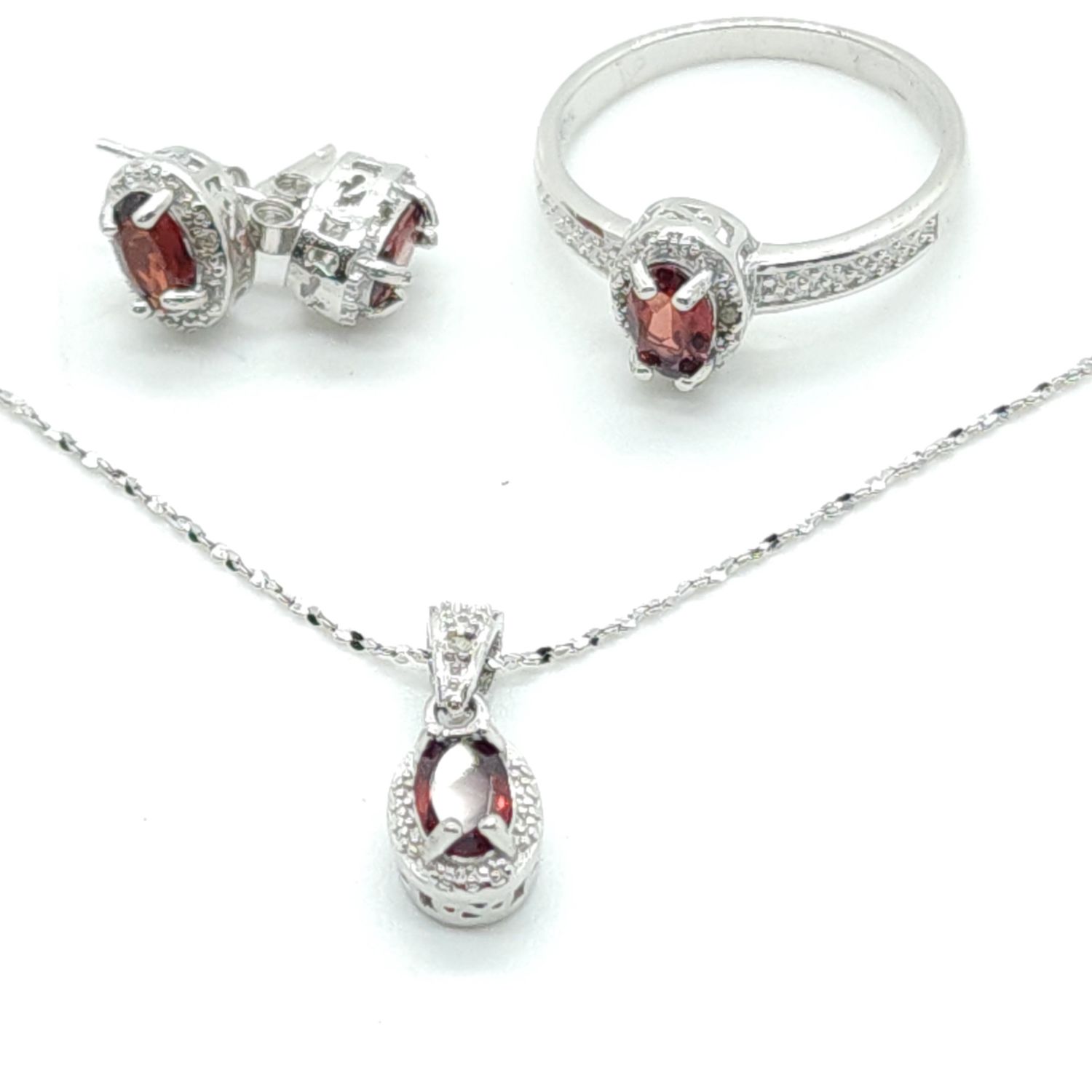 Sterling Silver Red Amethyst Set (Ring, Necklace &amp; Earrings)