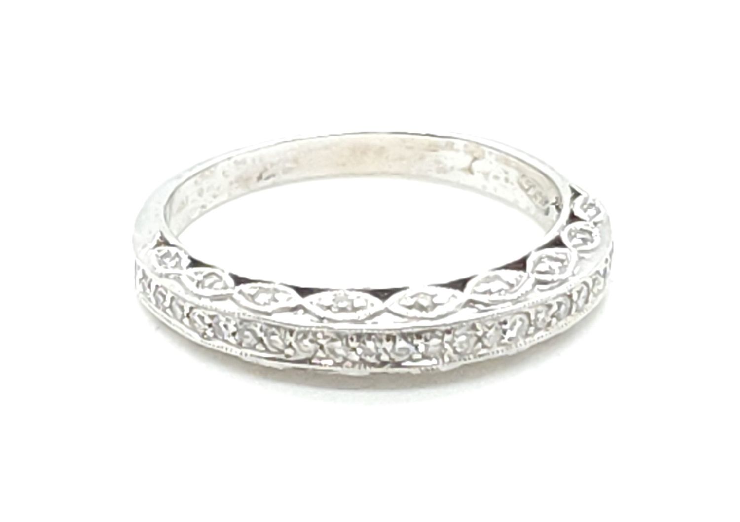14k White Gold Antique Style Filigree Diamond Half Eternity Band Size: 9