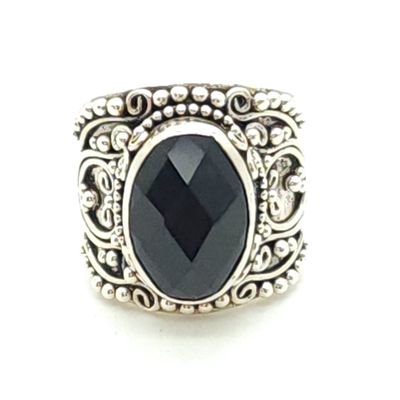 Sterling Silver Scroll Ring w/ Black Oval Stone Size: 6