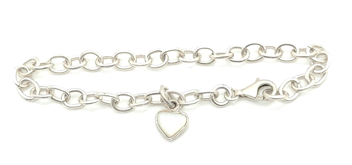 Sterling Silver Mother of Pearl Heart Bracelet Size: 7&quot;