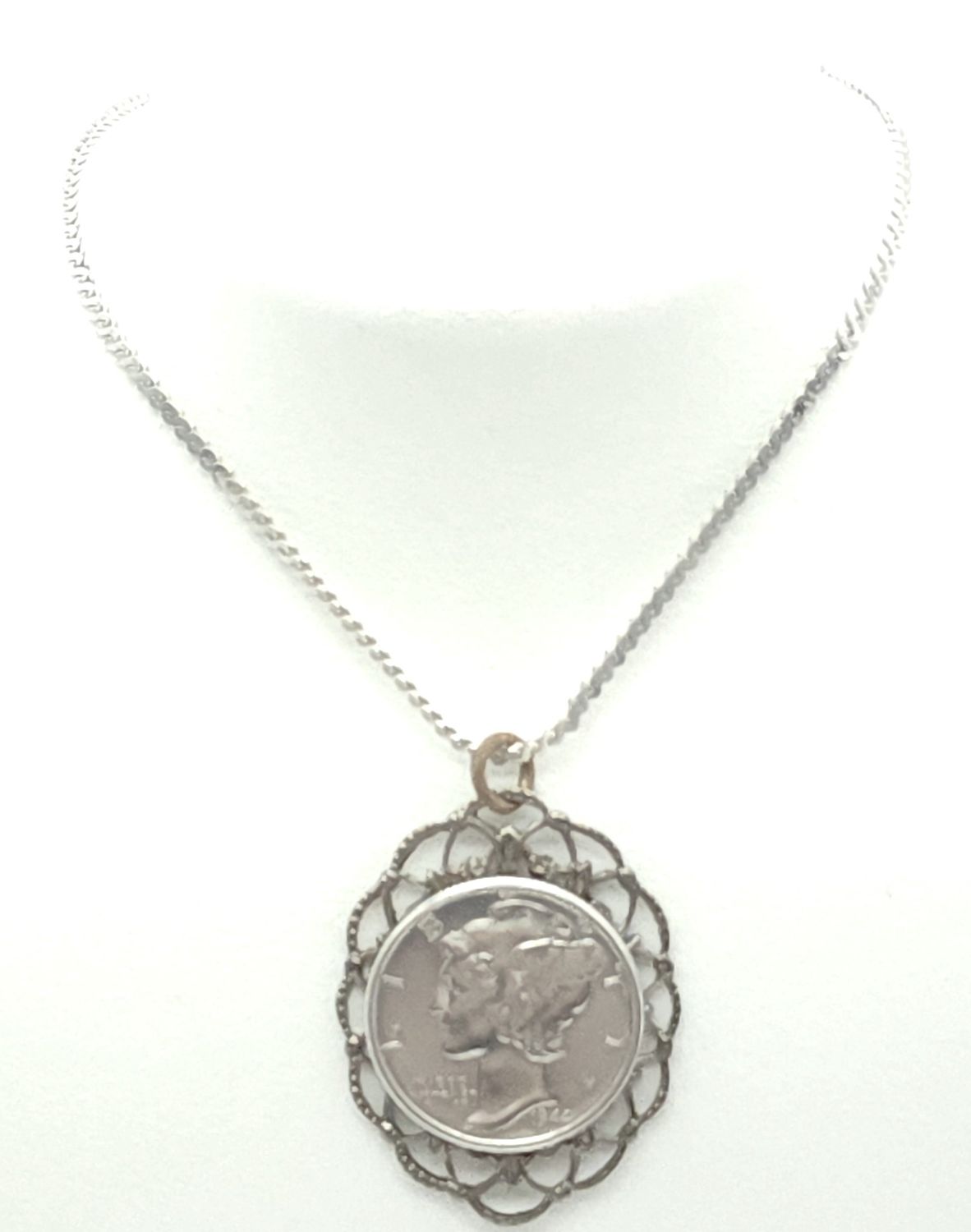 Mercury Dime in Sterling Silver Bezel w/ Sterling Silver Chain Size: 24&quot;