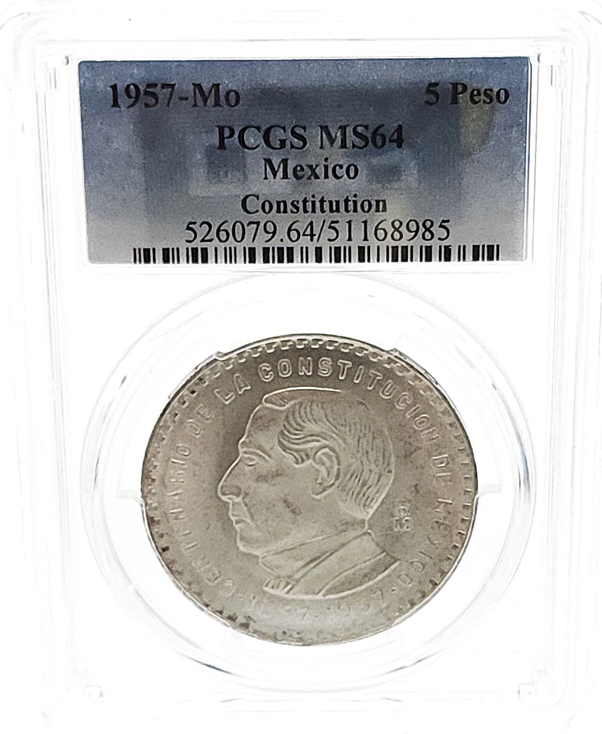 1957-Mo Mexico Constitution Cinco Pesos PCGS MS64