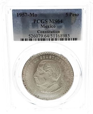 1957-Mo Mexico Constitution Cinco Pesos PCGS MS64
