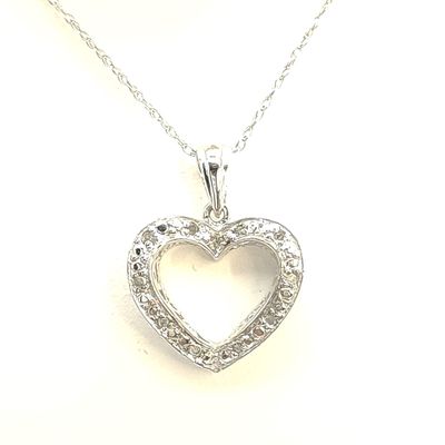 10k White Gold Necklace with Diamond Heart Pendant Size: 18"