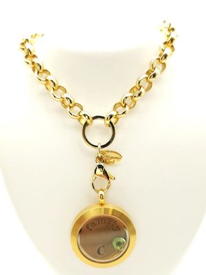 Gold Plated Circle Link Necklace w. Family Living Locket Size: 18-20&quot;