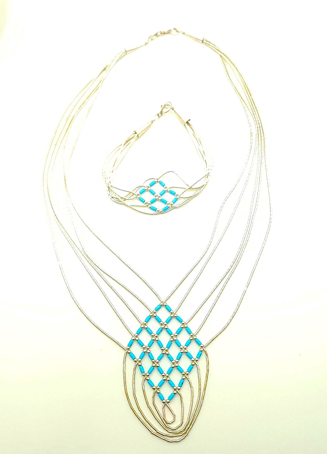 Sterling Silver &amp; Turquoise Beaded 5 Strand Necklace &amp; Bracelet Set