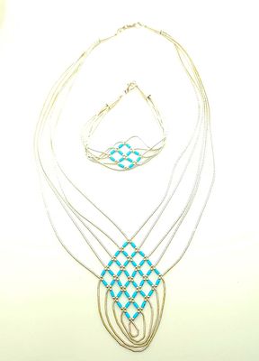 Sterling Silver &amp; Turquoise Beaded 5 Strand Necklace &amp; Bracelet Set
