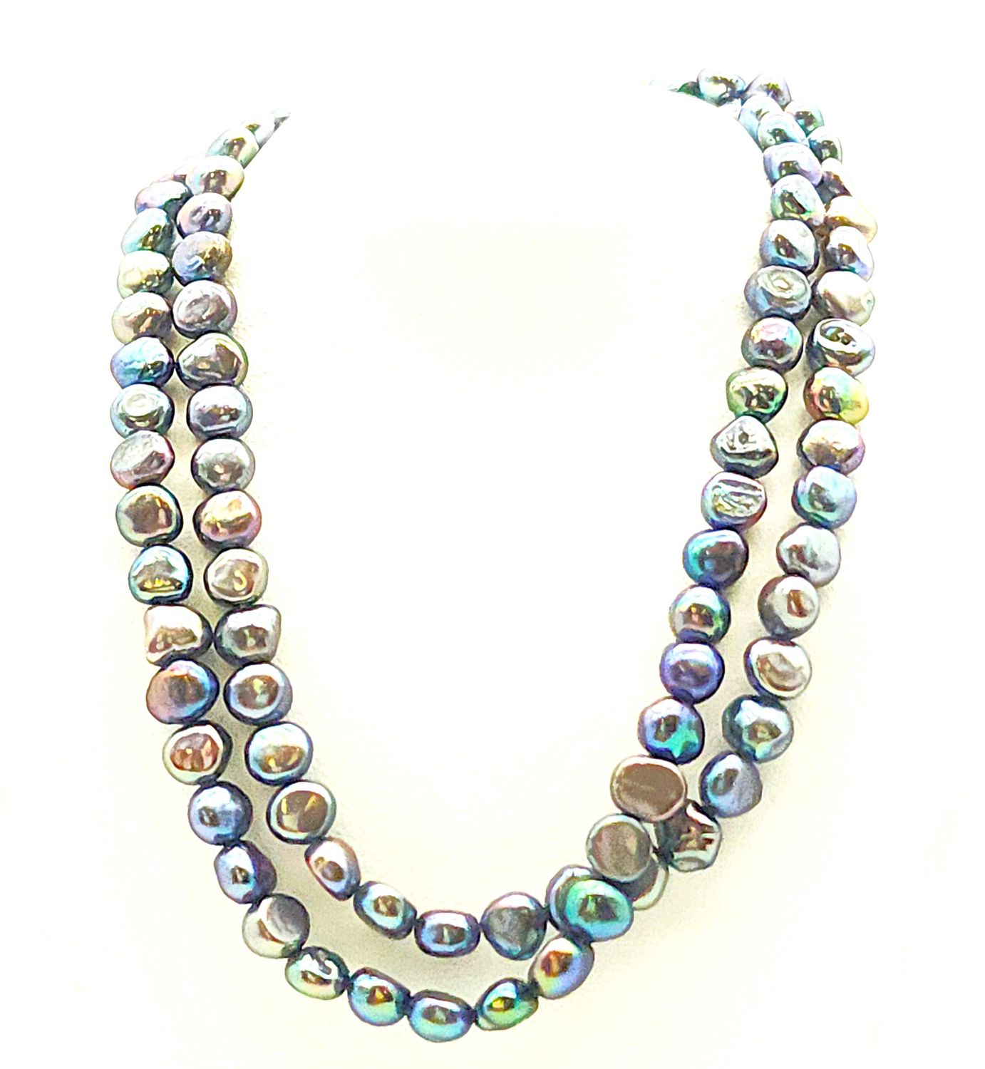 Iridescent Grey Stone Necklace X2 Gold Plated Clasp Size: 33&quot;