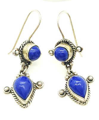 Sterling Silver &amp; Blue Bead Necklace &amp; Earrings Set Size: 19"