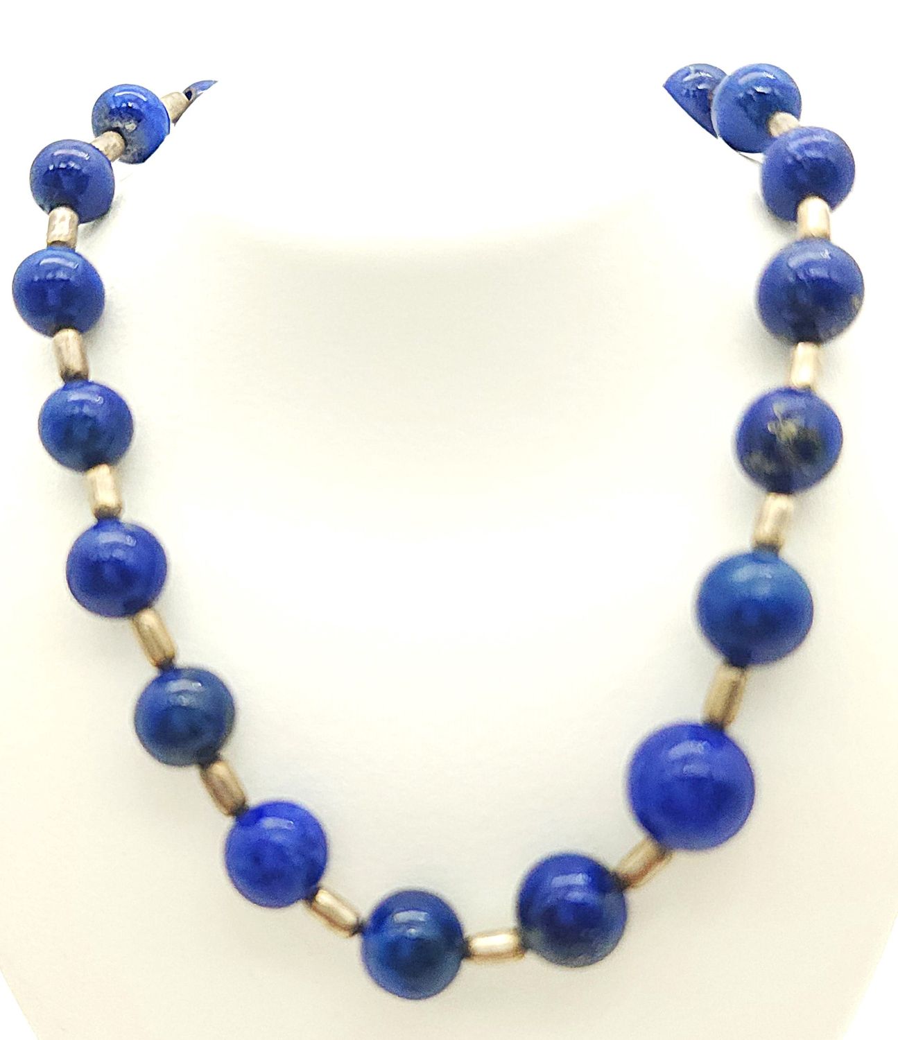 Sterling Silver &amp; Blue Bead Necklace &amp; Earrings Set Size: 19&quot;