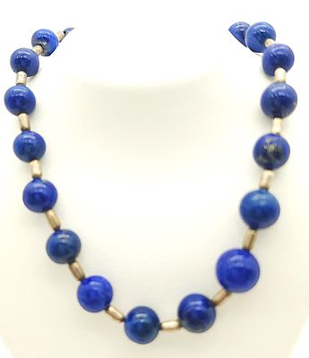 Sterling Silver &amp; Blue Bead Necklace &amp; Earrings Set Size: 19&quot;