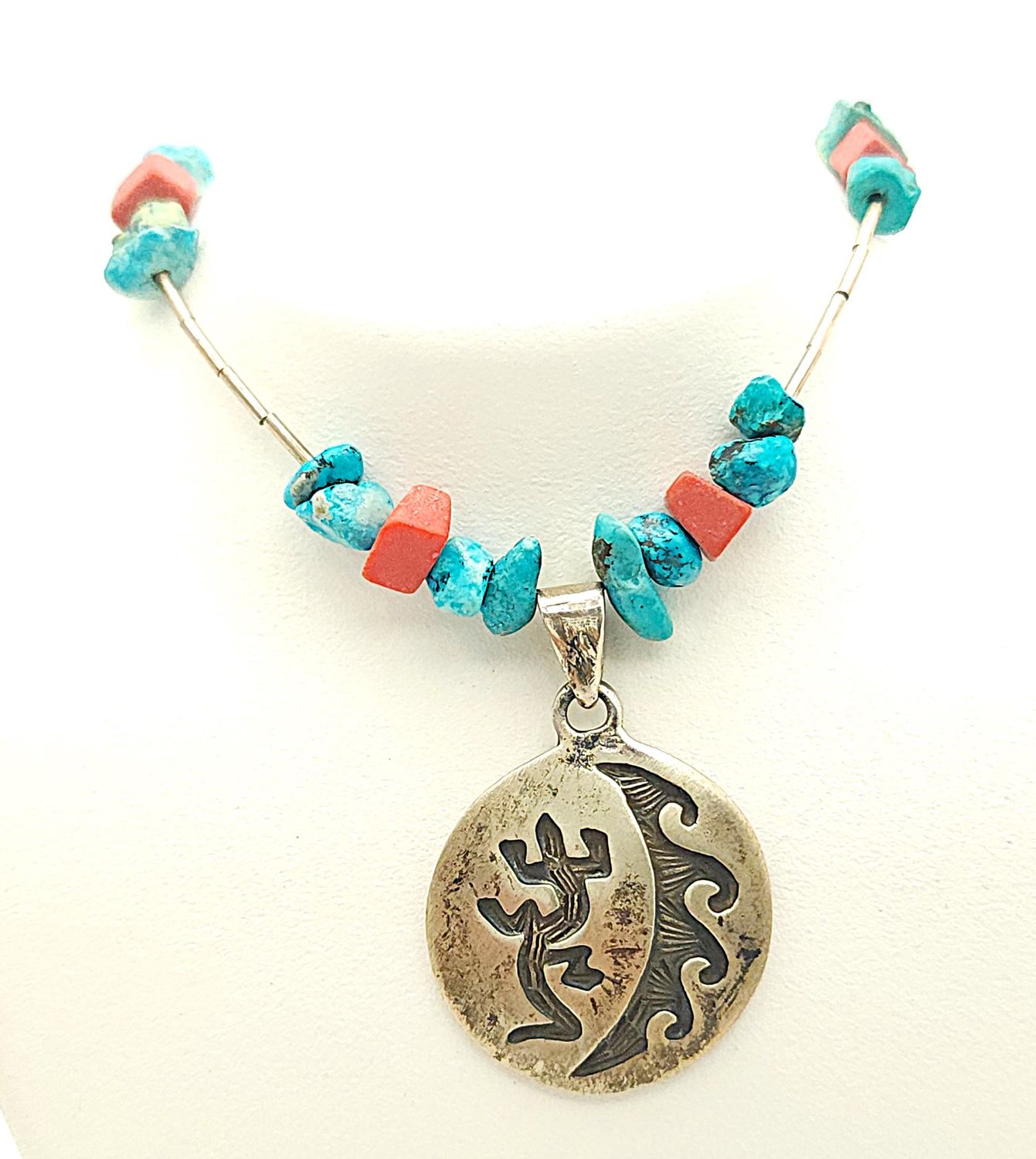 Sterling Silver Pendant On Turquoise &amp; Coral Necklace &amp; Bracelet Set Size: 18&quot;