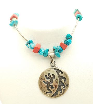 Sterling Silver Pendant On Turquoise &amp; Coral Necklace &amp; Bracelet Set Size: 18&quot;