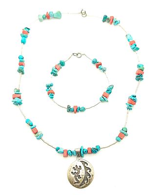 Sterling Silver Pendant On Turquoise &amp; Coral Necklace &amp; Bracelet Set Size: 18"
