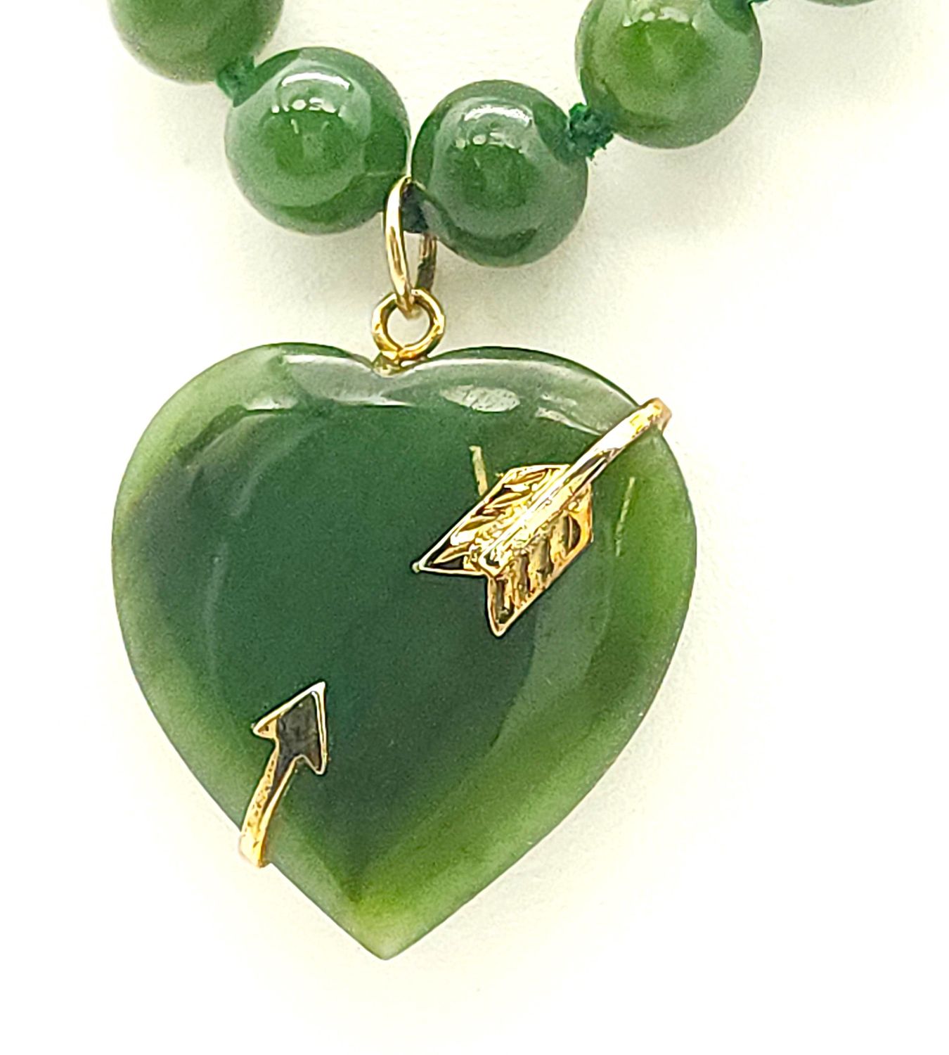 Beaded Jade Necklace With Heart Pendant &amp; Gold Plated Accents Size: 19&quot;