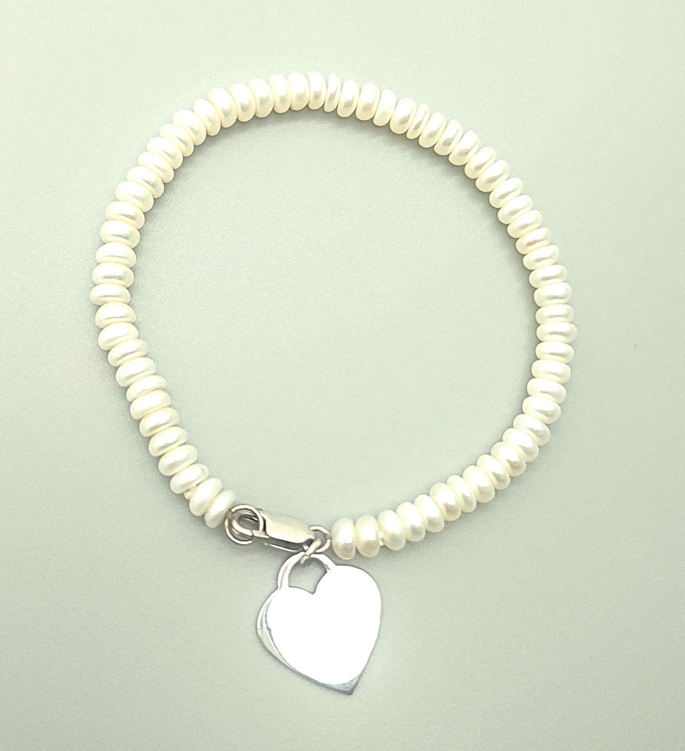 Sterling Silver Heart &amp; Clasp on Cultured Pearl Bracelet Size 8&quot;